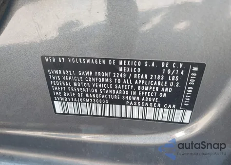 2015 Volkswagen Jetta 1.8T Se из США, поврежденный, VIN 3VWD17AJ0FM230803